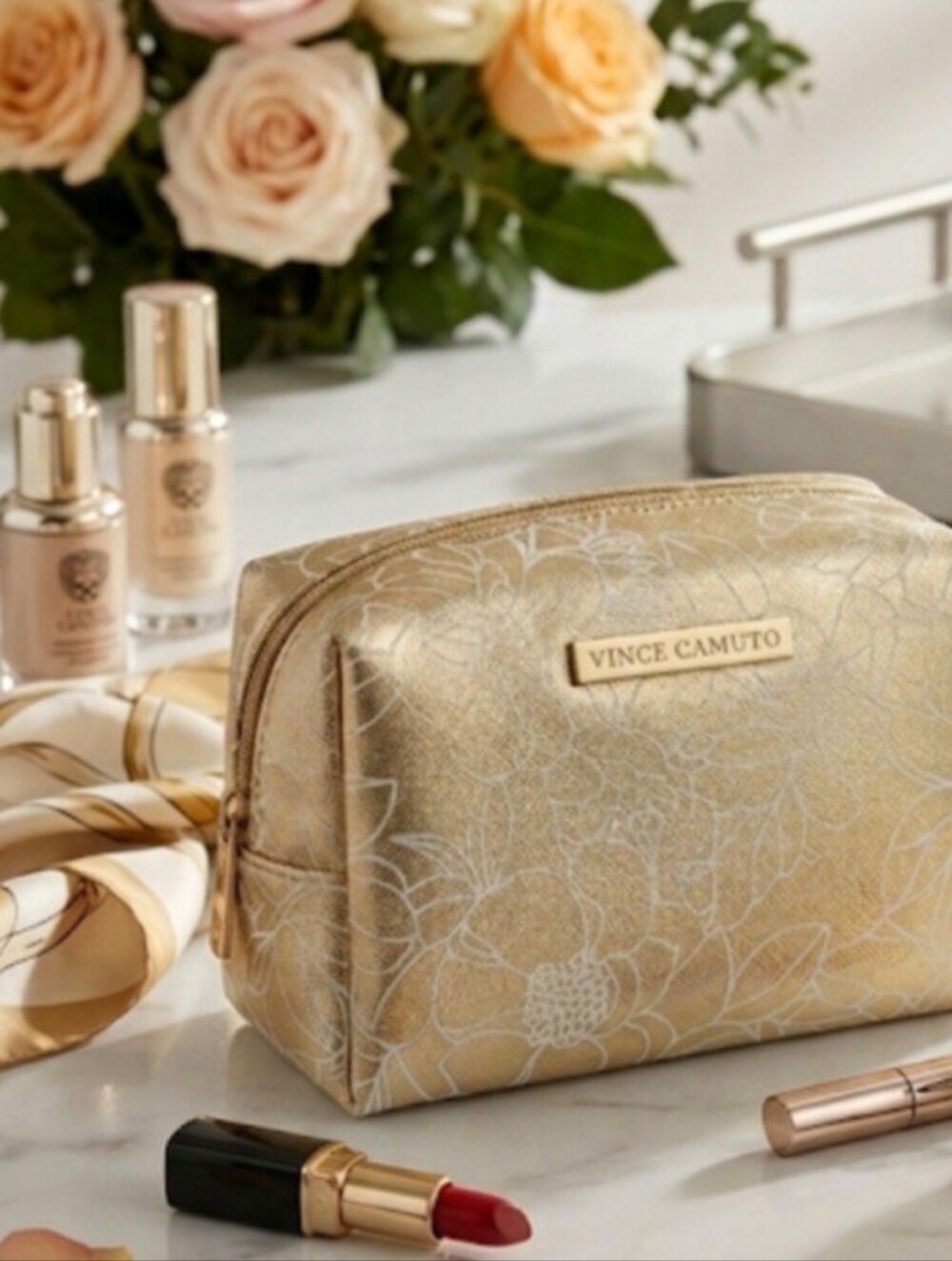 Vince Camuto Metallic Gold Floral Makeup Pouch